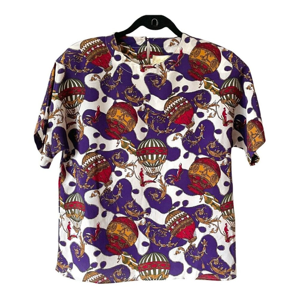 Vintage Che Studios 80s Blouse Hot Air Balloon Print Short Sleeve Top Size Small